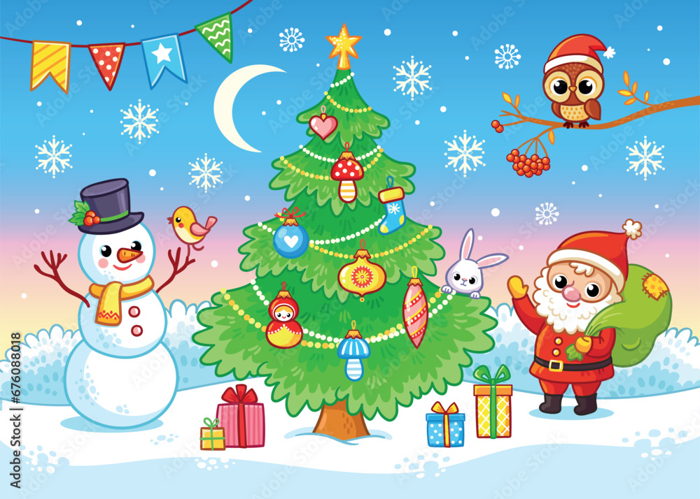 Fototapeta premium Vector illustration with Christmas tree, Santa Claus, snowman and gifts. Greeting card for Merry Christmas and Happy New Year in a cartoon style.