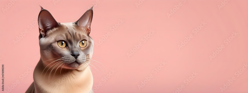 Burmese cat on a pastel background. Cat a solid uniform background, for your advertising and design with copy space. Creative animal concept. Looking towards camera.