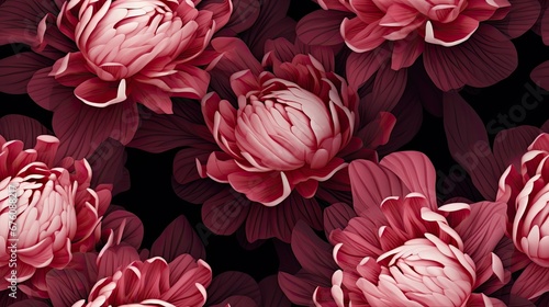  a close up of a bunch of flowers on a black background with pink flowers in the middle of the picture. generative ai