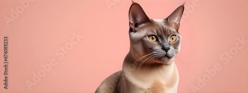 Burmese cat on a pastel background. Cat a solid uniform background  for your advertising and design with copy space. Creative animal concept. Looking towards camera.