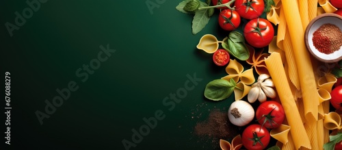 A modern restaurant banner featuring a colorful background pattern with a textured wheat motif showcasing a healthy and delicious mockup of Italian pasta perfectly representing the fusion o