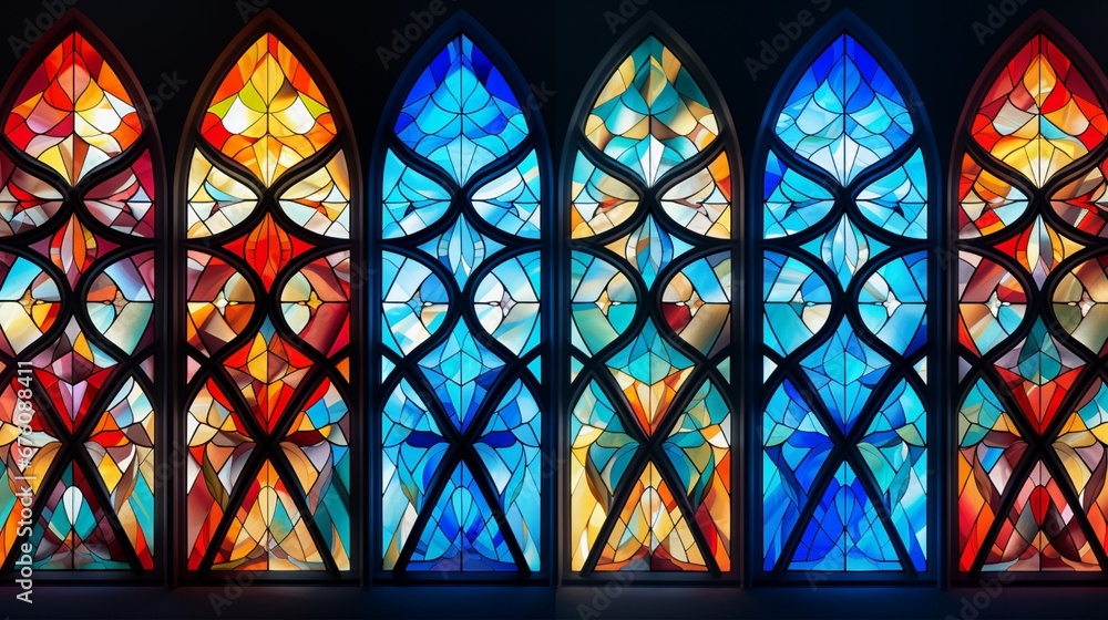 A series of colorful stained glass windows in a cathedral, forming geometric patterns