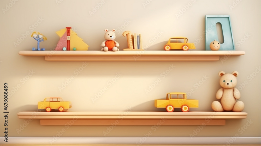 Wooden shelf with baby clothes, toys and accessories in room. Generative Ai - obrazy, fototapety, plakaty 