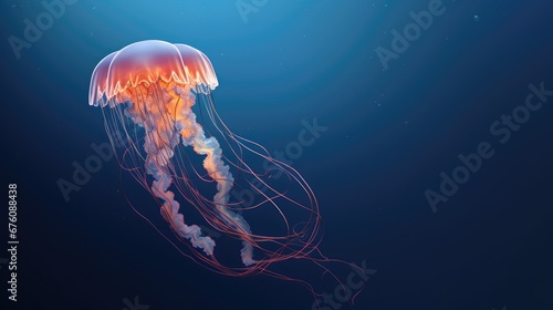  a red and white jellyfish floating in a blue ocean with a light shining on it's back end. generative ai