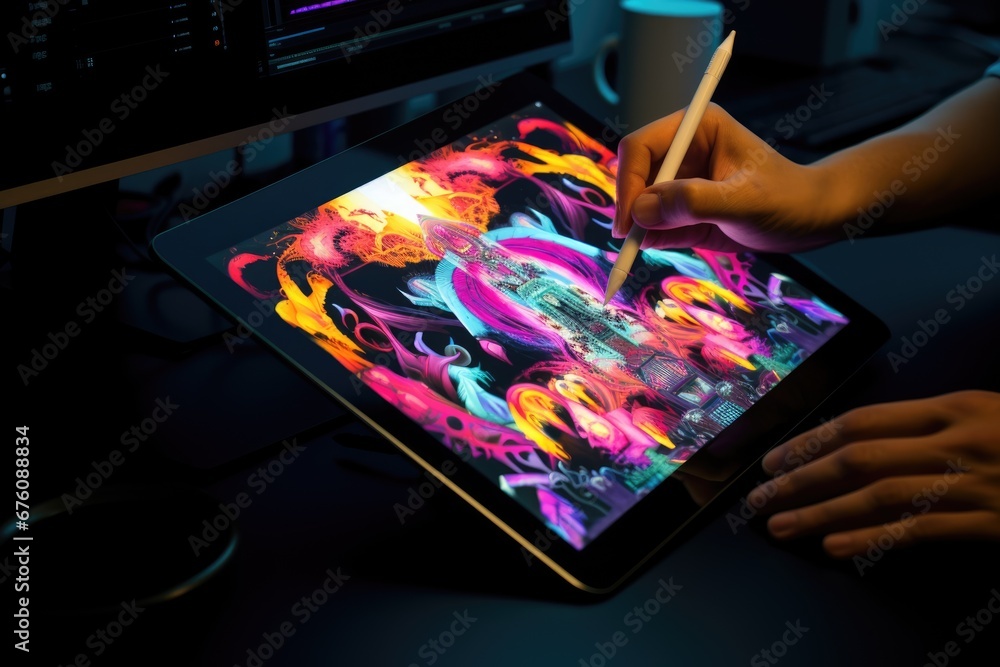 The hands of an artist holding a digital drawing tablet and stylus, creating a vibrant digital masterpiece. - obrazy, fototapety, plakaty 