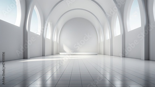 Futuristic white corridor with arches reflecting on glossy floor, minimalist sphere centered in a tranquil, spacious interior design.