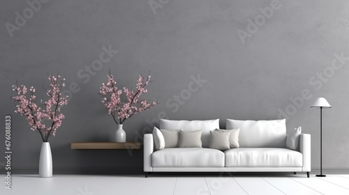 Modern interior design  in a spacious room table with flowers against a gray wall. Generative Ai