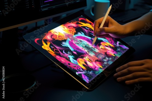 The hands of an artist holding a digital drawing tablet and stylus, creating a vibrant digital masterpiece.