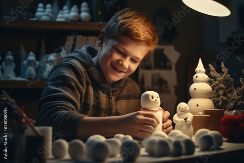 A teenage boy crafter molding a snowman figurine from clay, surrounded by an array of crafting supplies, during a dimly lit winter evening.