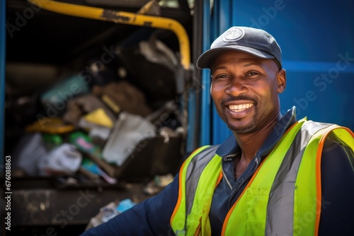 A devoted city employee, focused on waste management, supervising a team of coworkers engaged in operating a recycling collection service vehicle.