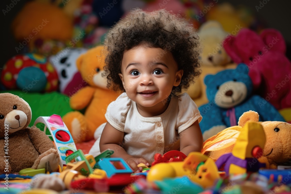 An African American baby sits among colorful, textured toys, reaching out with wide-eyed wonder to touch a soft fabric. Sensory exploration unfolds, fostering curiosity and discovery. An African American baby sits among colorful, textured toys, reaching out with wide-eyed wonder to touch a soft fabric. Sensory exploration unfolds, fostering curiosity and discovery.