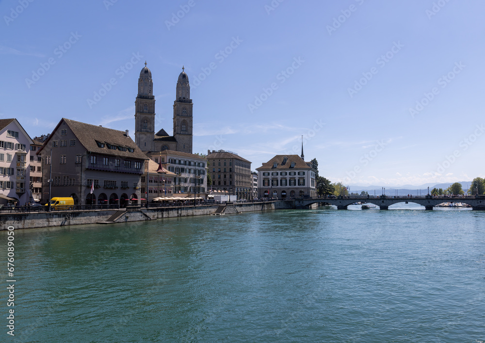 Zurich with a view over the harbor to the old town and the Grossmuenster