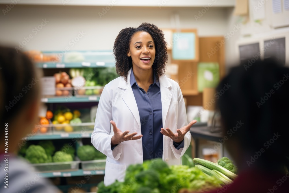 School nutrition seminar by an African American nutritionist encourages students to make health-conscious choices, fostering nutritious decision-making.