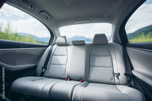 Frontal view of white leather back passenger seats in modern luxury car, elegant interior design