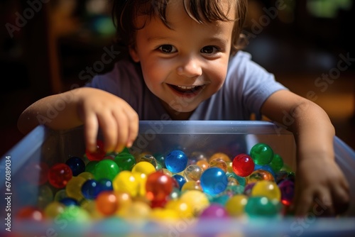 A Caucasian child delves into a bin of colorful sensory materials, from squishy gel to textured beads. His look of amazement captures the essence of sensory development during playful exploration.