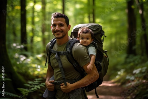 A determined young father, of Hispanic descent, embarks on a forest trail hike with an infant in a secure chest carrier. Their shared adventure epitomizes the joy of outdoor family exploration. © Regina