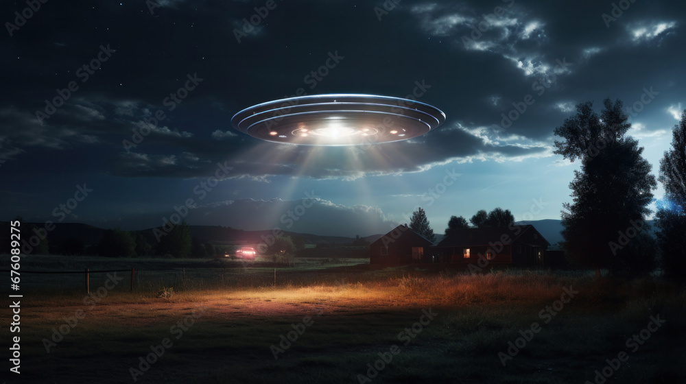 Hovering UFO casts a beam over a solitary house on a country lane, light bathing the landscape in an otherworldly glow,embodying the unknown, adventure, and the vastness of our universe