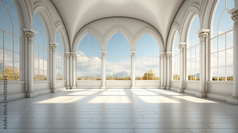 Futuristic white corridor with arches reflecting on glossy floor, minimalist sphere centered in a tranquil, spacious interior design.