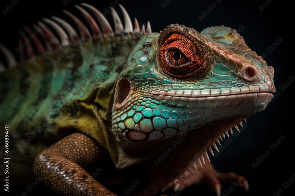 Closeup of a Colorful Reptile with a Dark Background Closeup of a Colorful Reptile with a Dark Background