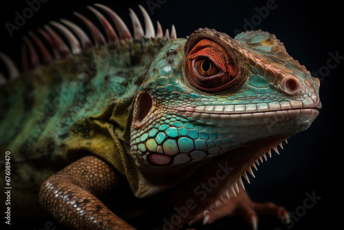 Closeup of a Colorful Reptile with a Dark Background 