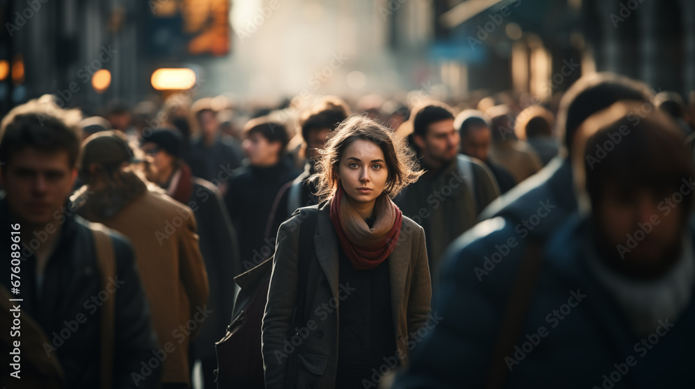 Woman Lost in the Blurred Crowd on the Street Woman Lost in the Blurred Crowd on the Street