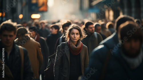  Woman Lost in the Blurred Crowd on the Street