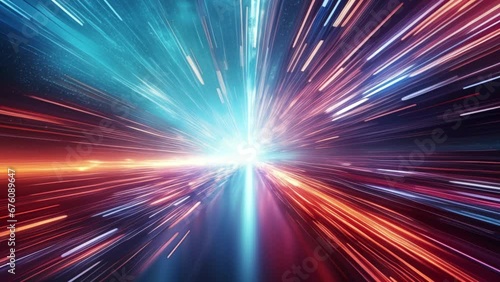 Futuristic animation of hyperspace tunnel. Concept of future technologies and interstellar travel. AI generated animation. High quality 4k footage photo