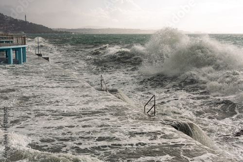 barcola beach seafront with breathtaking stormy sea photo