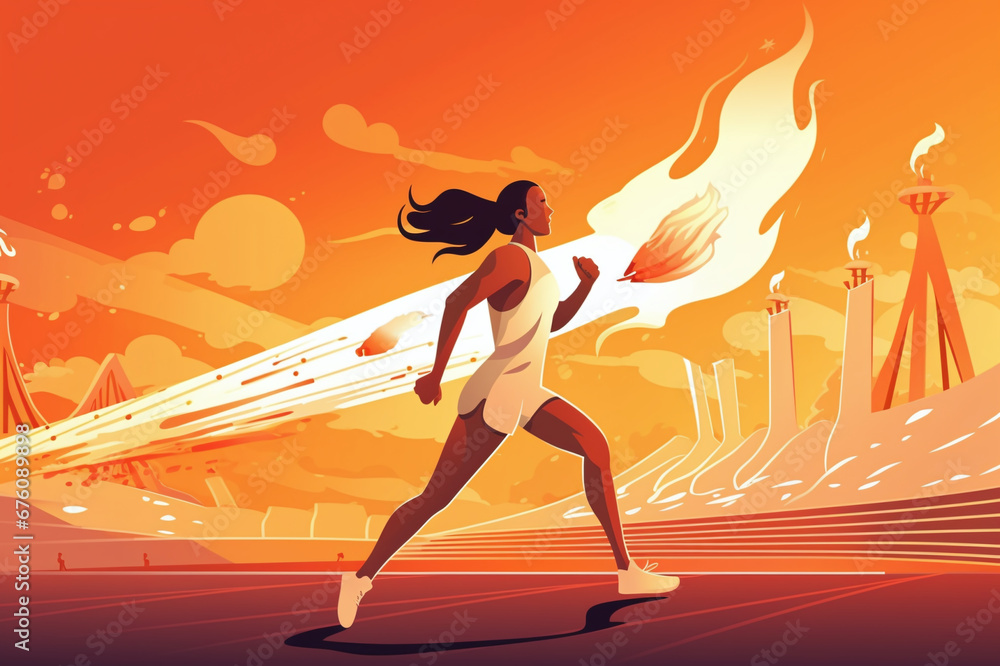 Illustration of a running girl with fire at games, competitions, games in Paris