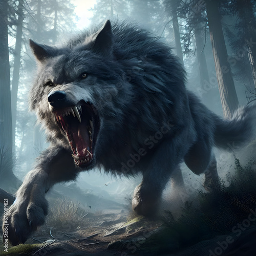 Furious Wolf Running in a Dense Forest