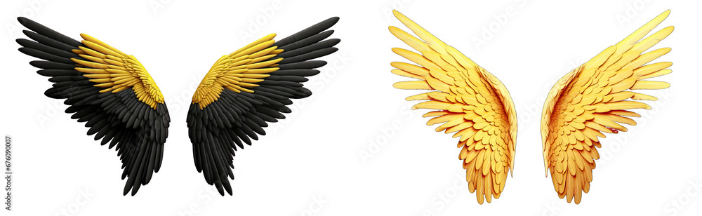 Naklejka premium yellow and black angel wings isolated on transparent background.yellow and black wings. 
