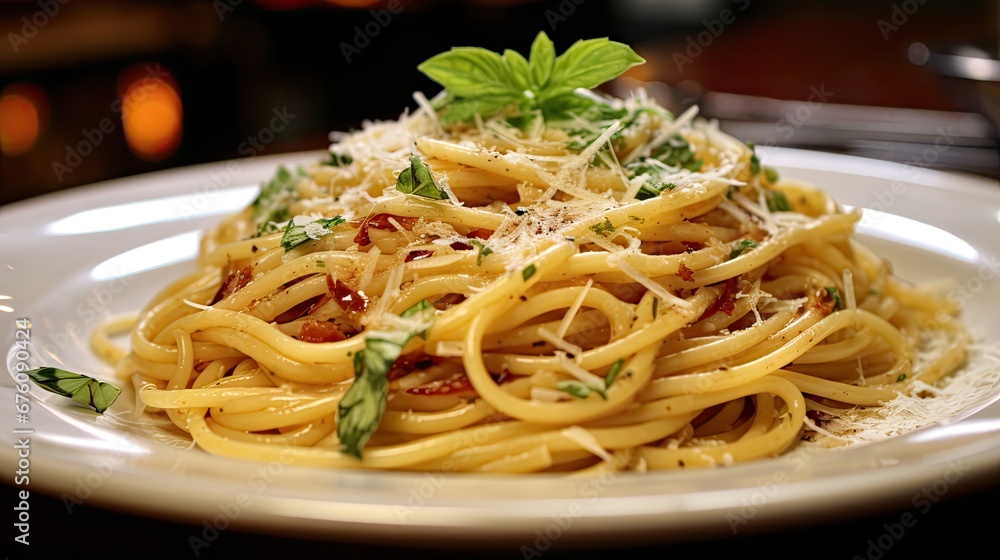a white plate topped with pasta covered in sauce and parmesan sprinkled with green leafy garnish. generative ai a white plate topped with pasta covered in sauce and parmesan sprinkled with green leafy garnish. generative ai