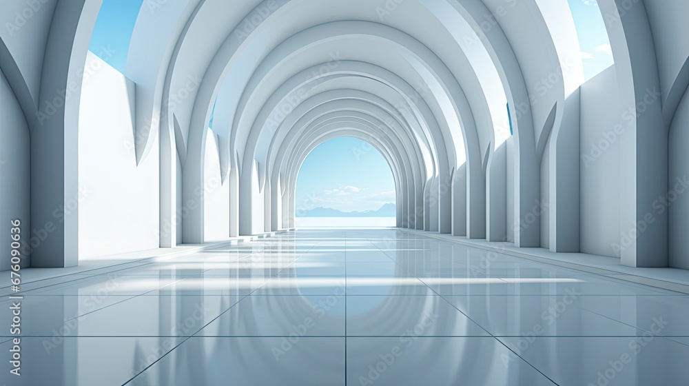 Futuristic white corridor with arches reflecting on glossy floor, minimalist sphere centered in a tranquil, spacious interior design. Futuristic white corridor with arches reflecting on glossy floor, minimalist sphere centered in a tranquil, spacious interior design.