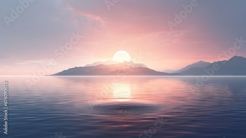  a large body of water with a small island in the middle of the water and a sunset in the background.  generative ai