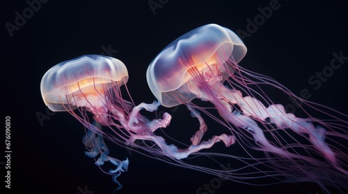  a close up of two jellyfish in the water with one jellyfish in the foreground and one jellyfish in the background.  generative ai © Anna