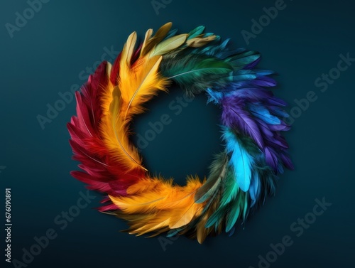 Wreath made of miniature colorful feathe
