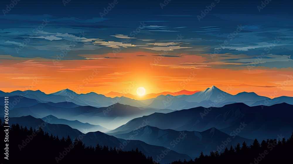  a painting of a sunset over a mountain range with the sun rising over the mountains in the distance with trees in the foreground.  generative ai