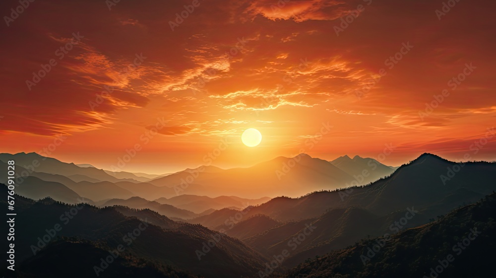  a sunset view of a mountain range with the sun rising over the mountains and the trees in the foreground.  generative ai