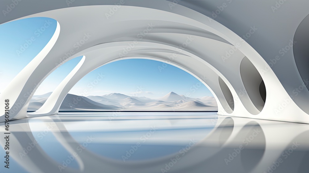 Futuristic white corridor with arches reflecting on glossy floor, minimalist sphere centered in a tranquil, spacious interior design. Futuristic white corridor with arches reflecting on glossy floor, minimalist sphere centered in a tranquil, spacious interior design.