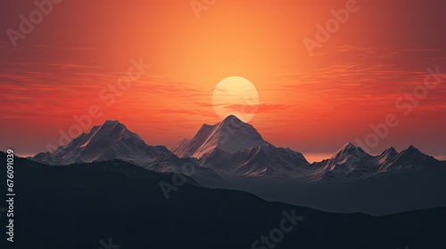 a painting of a mountain range with the sun setting in the background and a red and orange sky in the foreground.  generative ai