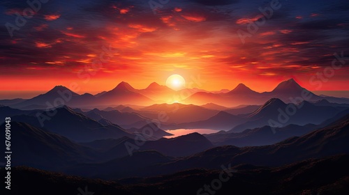  a painting of a sunset over a mountain range with a bright orange sun in the middle of the mountain range. generative ai