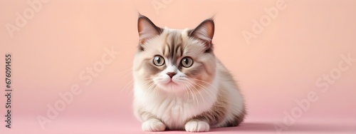 Munchkin cat on a pastel background. Cat a solid uniform background, for your advertising and design with copy space. Creative animal concept. Looking towards camera.