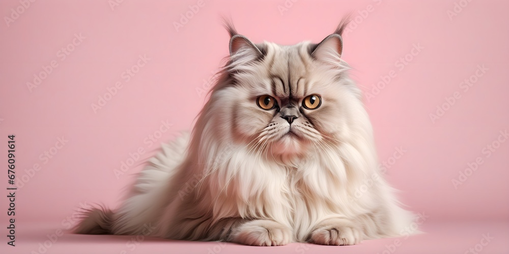 Persian cat on a pastel background. Cat a solid uniform background, for your advertising and design with copy space. Creative animal concept. Looking towards camera.