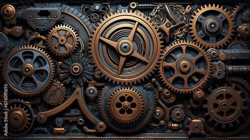 An intricate pattern of interlocking gears and cogs in a steampunk style