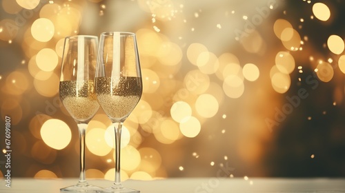 Champagne toast with golden bokeh lights. Golden glow holiday cheer with champagne. Festive champagne glasses and warm lights