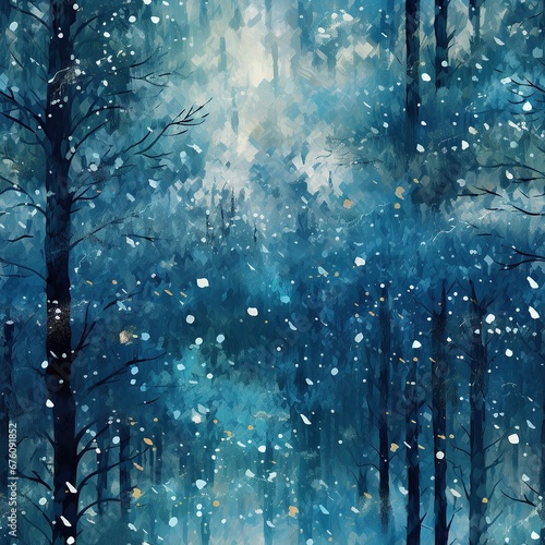 Beautiful impressionistic painting that captures the essence of a snowy winter forest. Serene winter trees in abstract brushstrokes