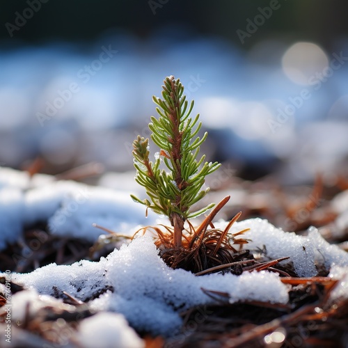 Young cedar sapling in winter snow. Resilient young cedar growing in snowy forest ground photo