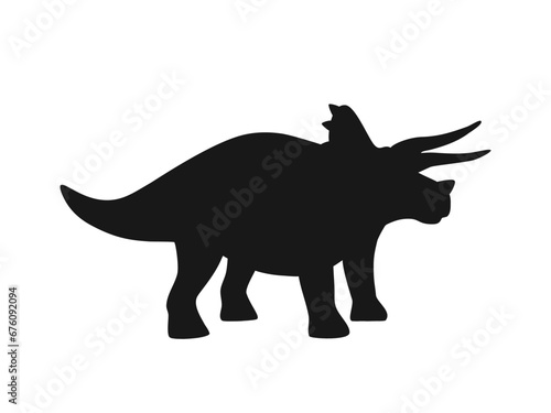 Black silhouette of cute triceratops with horns. Funny prehistoric dinosaur. Hand drawn vector illustration isolated on white background  flat style