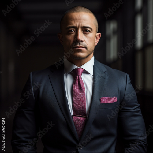 a portrait of a latino man in a well-tailored suit. Entrepreneur. Professional. Kind. Successful. Motivational. Inspiring. His arms are uncrossed and relaxed. Man age is 45.Man has a pleasant smile.  photo