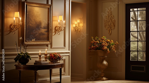 Elegant foyer featuring walls in liquid gold hue, capturing the serene yet vibrant essence of American Tonalism, illuminated by soft, chiaroscuro lighting that recalls Renaissance artistry photo
